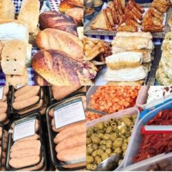 image of sausages artisan bread and other foods that can be bought at the Farmers Market