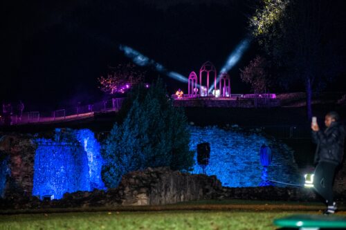 abbey lit up in blue light