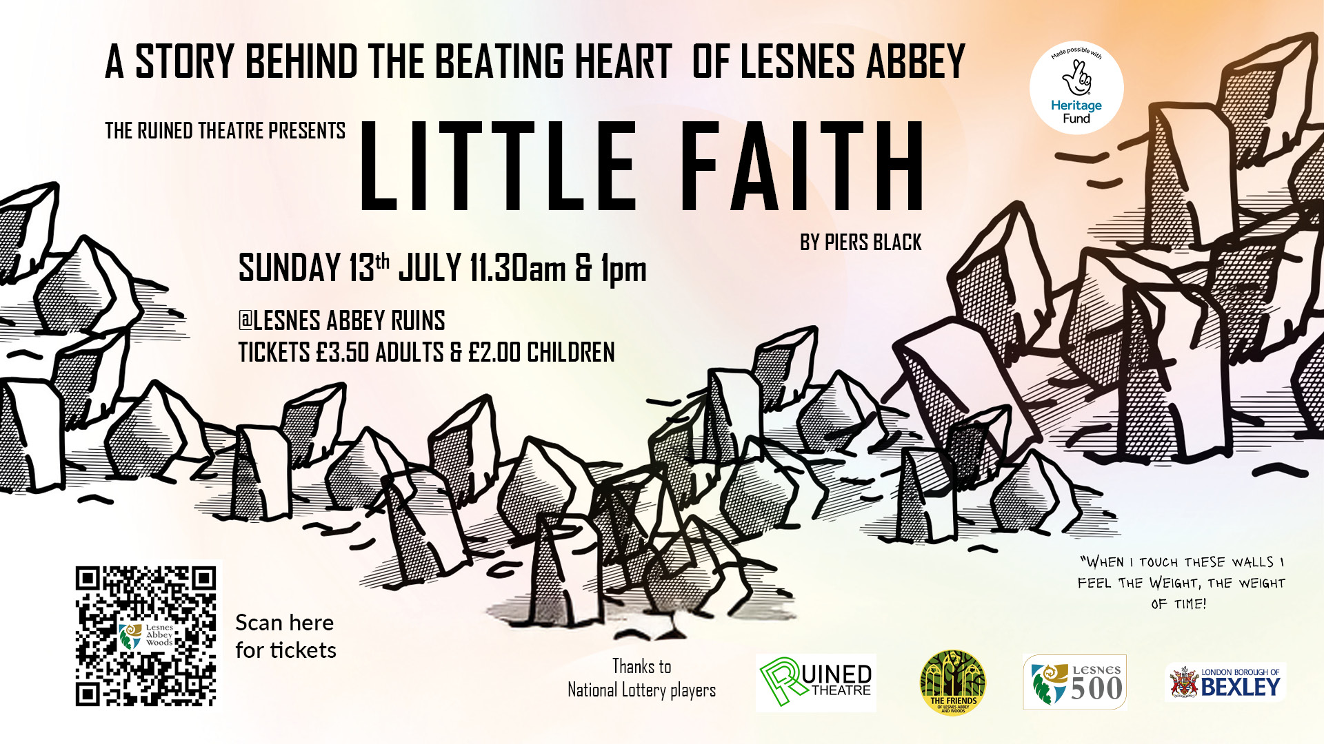 Promotion of Little Faith a play about the history of Lesnes with images of broken rocks