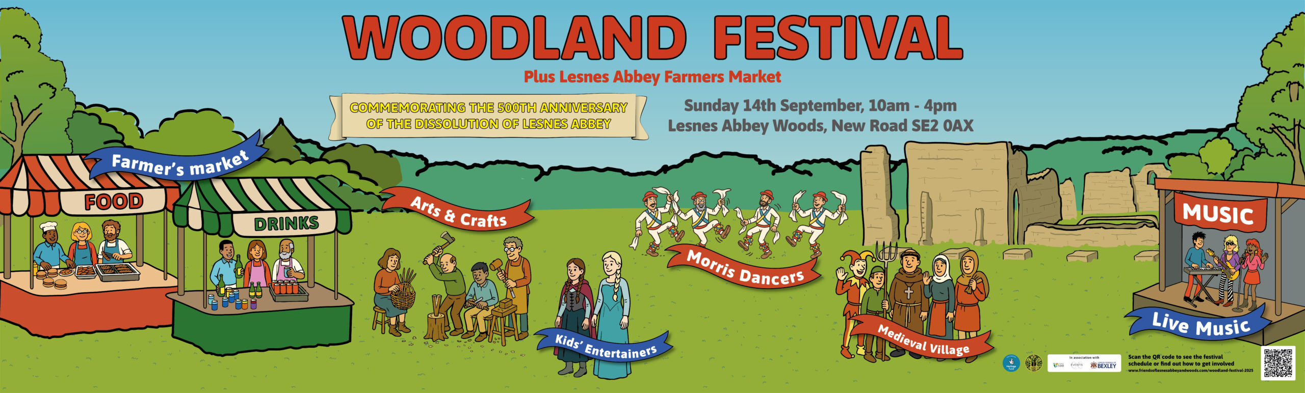 Poster advertising the Woodland Festival featuring images of Morris dancers, medieval village and musicians