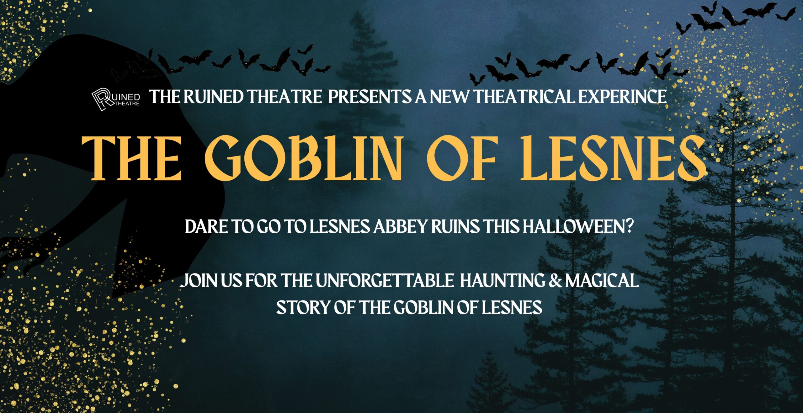poster advertising The goblin of Lesnes on a dark shadowing outlines of trees
