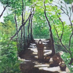 Two monks picking wild garlic in the woods