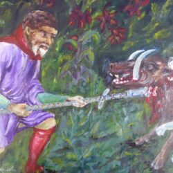 Medieval hunter spearing a wild boar