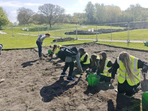 Nine students in a line digging up artifacts at Lesnes Abbey