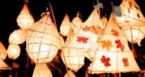 Lit lanterns made with willow and tissue