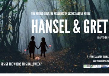 Poster advertised Hansel and gretel with 2 children walking in a dark woods