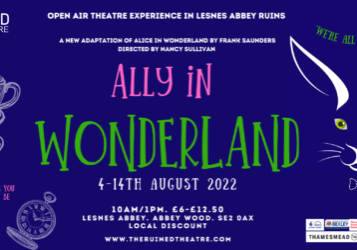 Poster promoting outdoor theatre production of Ally in Wonderland