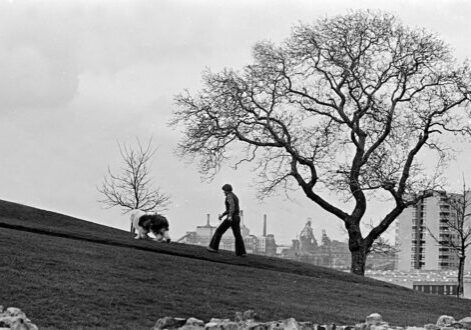 Old black and white photo of man walking dog, with industry and high-rise flats in the background
