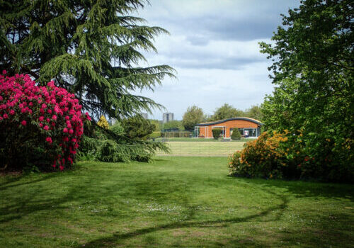 View of the Lodge through trees